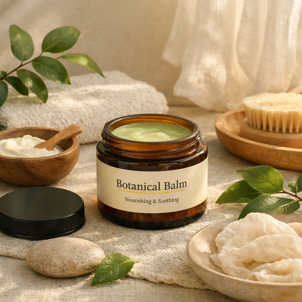 Botanical balm with fresh leaves in a serene skincare scene that suggests calm and grounding.