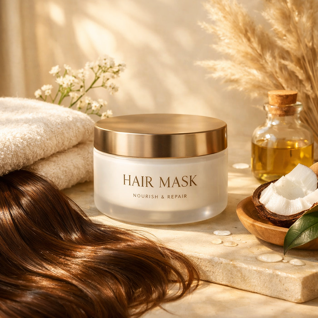 Weekly hair mask ritual scene highlighting moisture, strength, and shine for healthy looking hair.