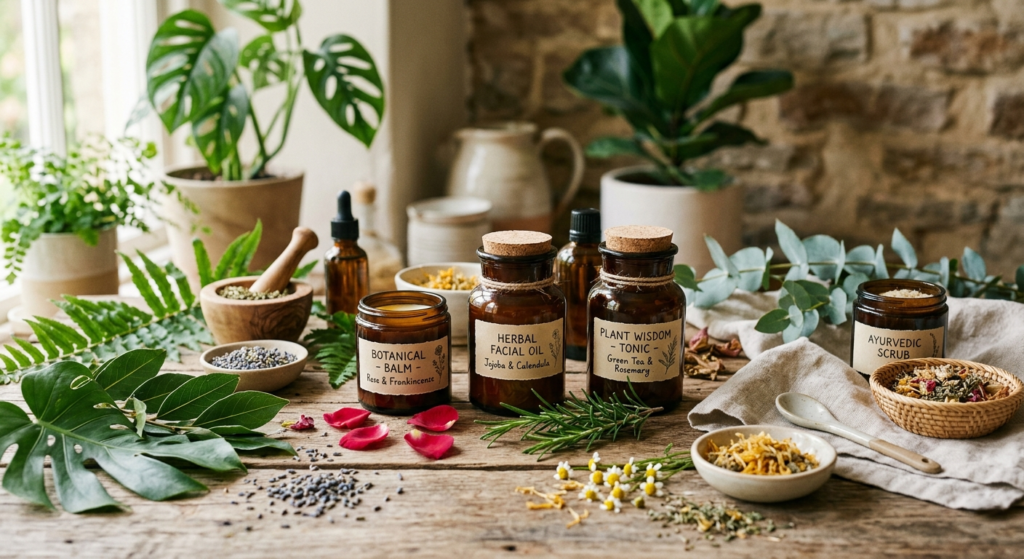 Botanical skincare scene blending ancient plant traditions with modern skin wellness.