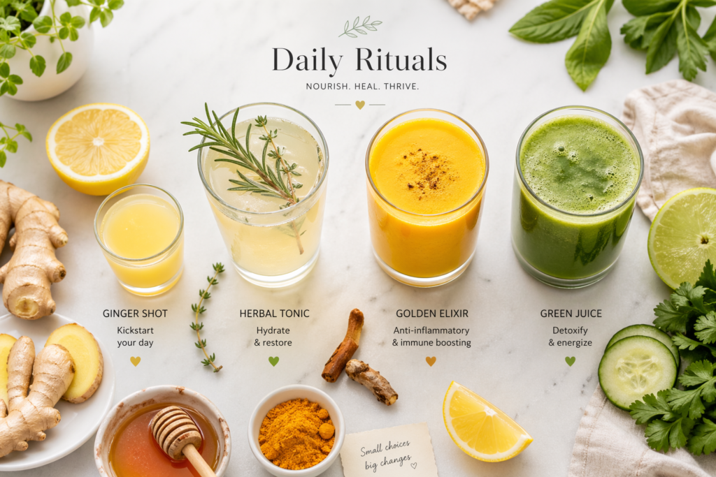 Flat lay showing a wellness shot, tonic, elixir, and juice with fresh ingredients