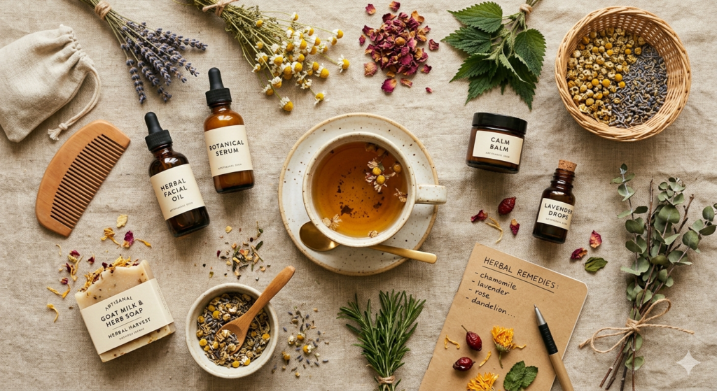 Flat lay of traditional healing inspired wellness items including herbs, tea, and natural skincare (2)