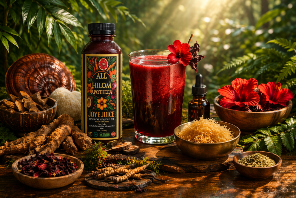 A luxurious botanical vitality scene with joye juice style dark herbal elixir