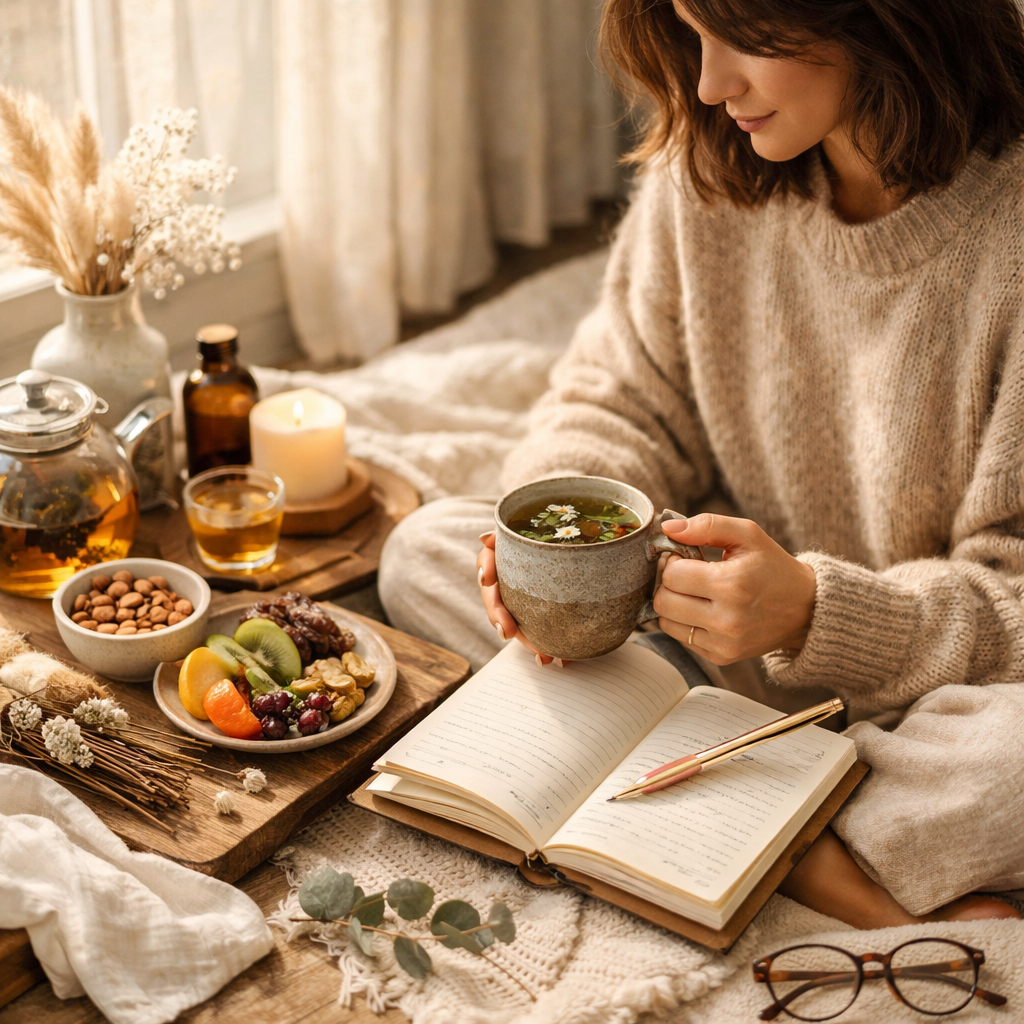 Peaceful rest scene with book and blanket at home