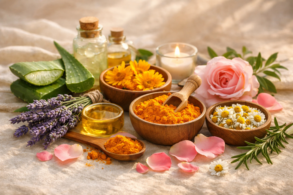 Natural wellness ingredients on a soft surface