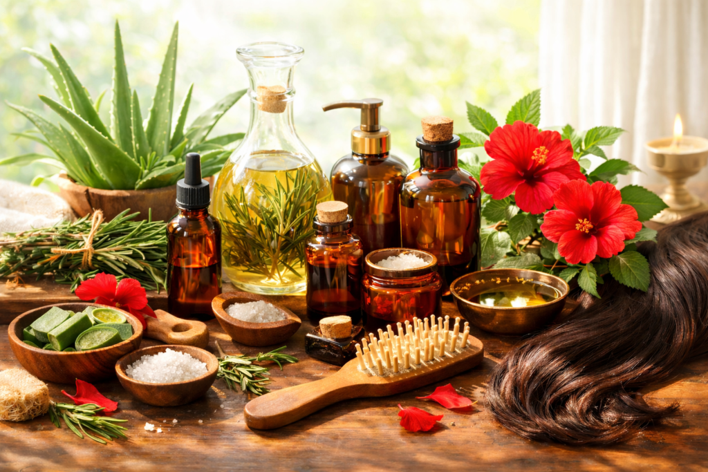 Best Herbal Hair Care Ritual for Scalp Health and Hair Growth Natural hair care essentials in sunlight