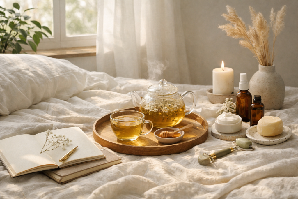 Serene morning wellness on linen sheets