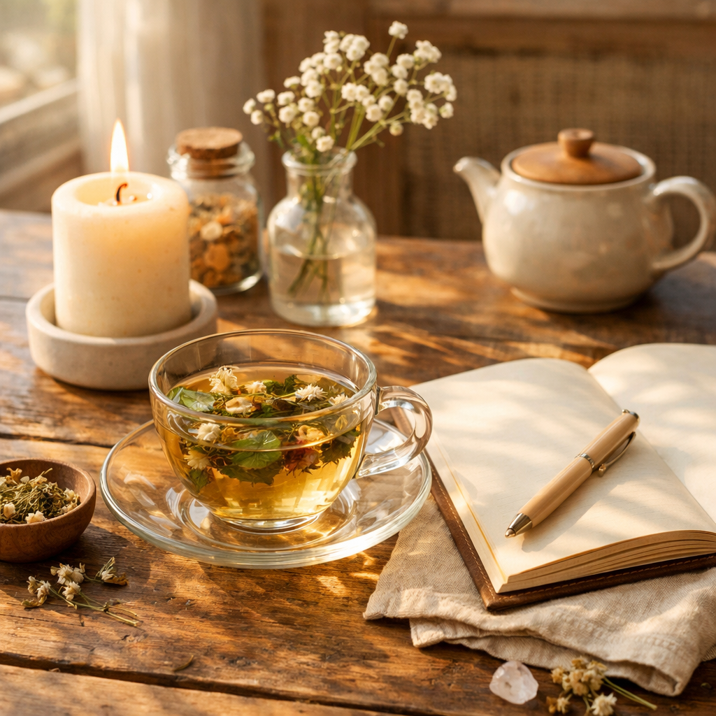 From Burnout to Balance: Small Rituals That Help You Feel Grounded Again Serene morning tea and journaling scene