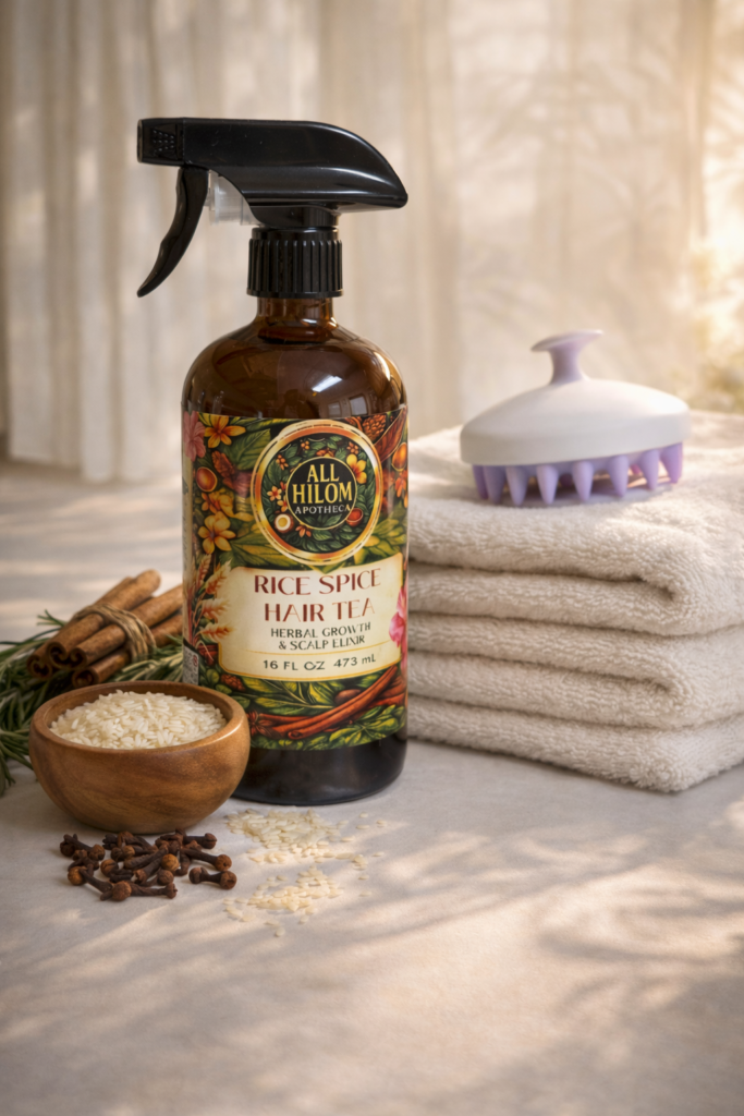 Natural wash-day setup with botanical hair care tools and ingredients
