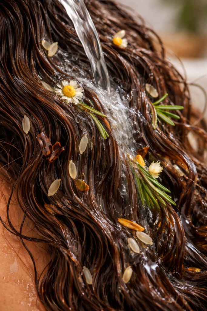 Herbal rice rinse flowing through healthy shiny hair
