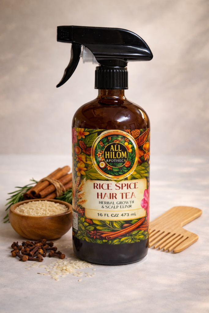 Glass jar of rice spice hair tea with herbs and spices
