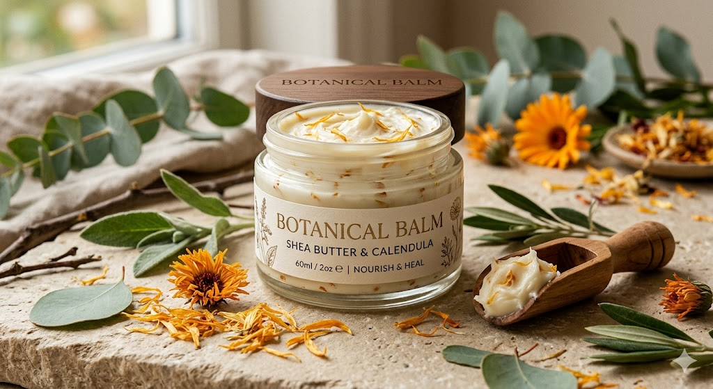 Botanical balm and body care essentials arranged in a calm morning bathroom setting.