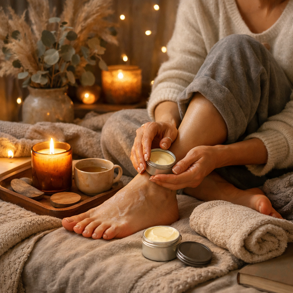 Evening botanical body care ritual with balm applied to dry feet before bed.