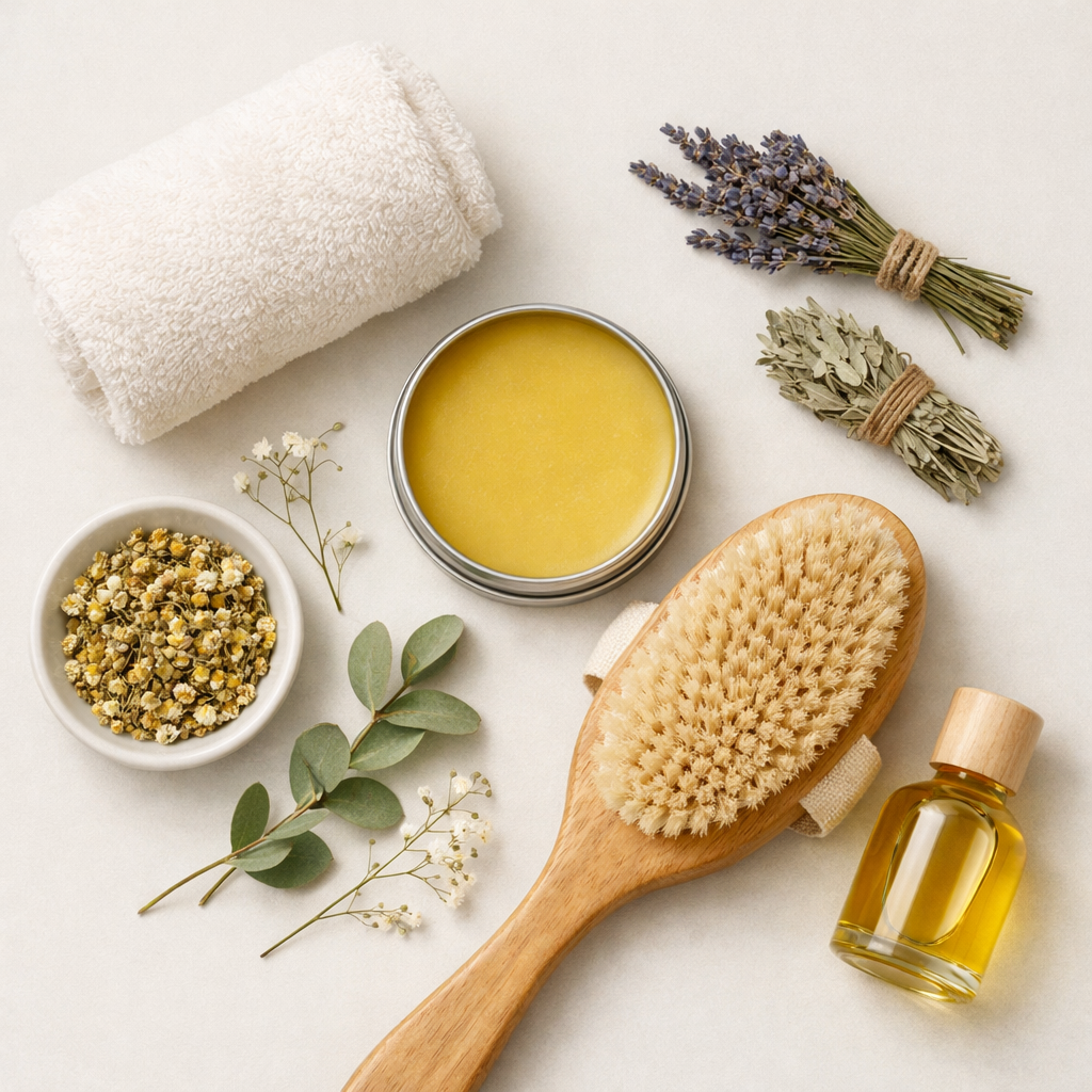 Botanical body care flat lay with balm, towel, and herbal elements.