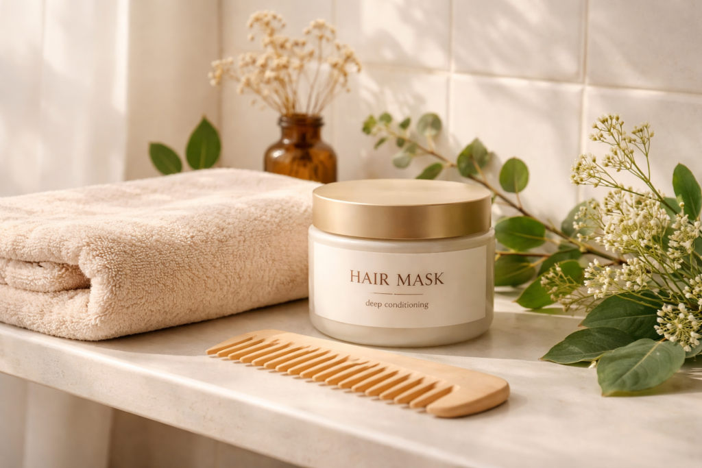 Weekly Hair Mask Rituals for Moisture, Strength, and Shine Weekly hair mask ritual setup with hair mask jar, towel, and botanical styling.
