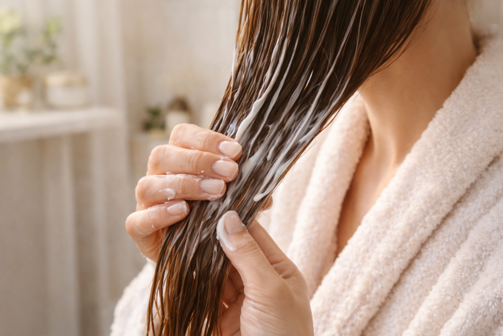 Weekly Hair Mask Rituals for Moisture, Strength, and Shine Person applying a weekly hair mask to the mid-lengths and ends for moisture and strength.