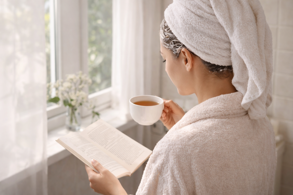 Weekly Hair Mask Rituals for Moisture, Strength, and Shine Weekly hair mask ritual shown as a calm at-home self-care moment.