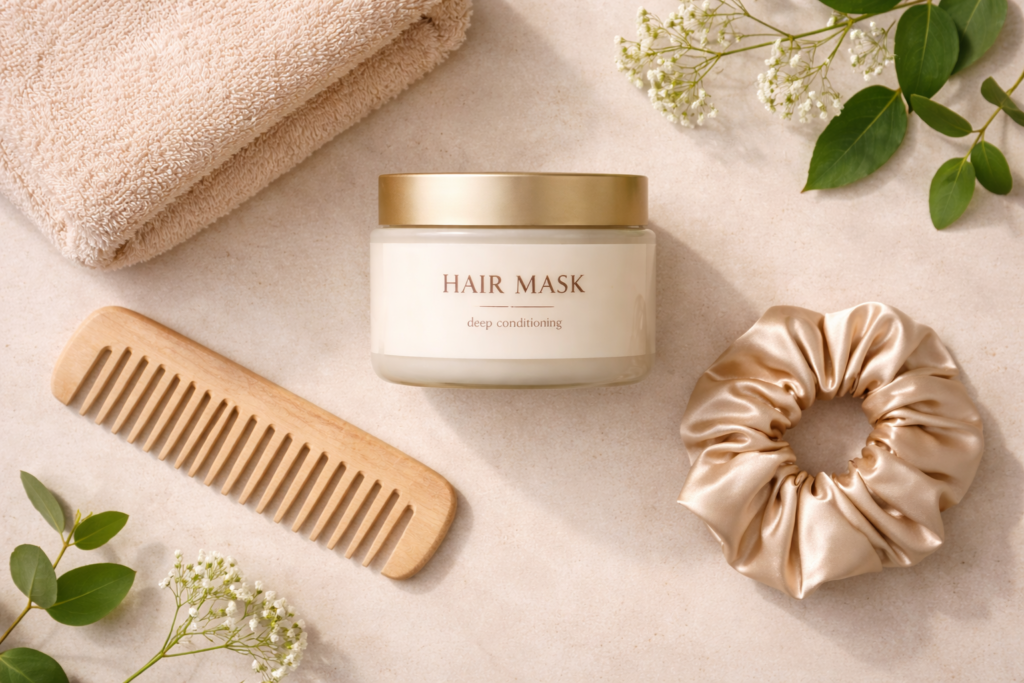 Weekly Hair Mask Rituals for Moisture, Strength, and Shine Hair care flat lay featuring a weekly hair mask and simple styling essentials.