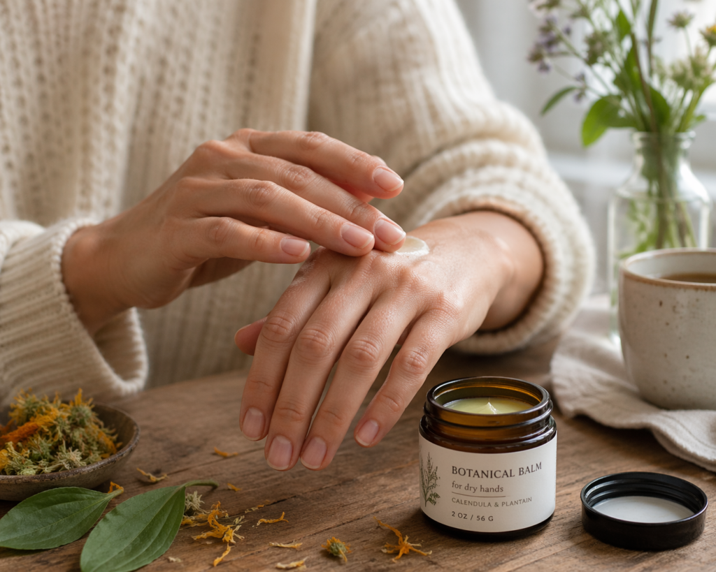 Person applying botanical balm to dry hands in soft natural light.