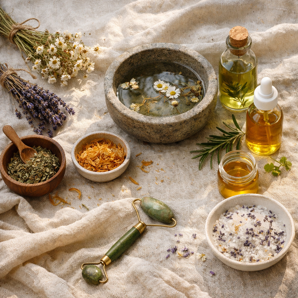 Ancient-inspired botanical skincare ingredients arranged in a calm, natural flat lay.