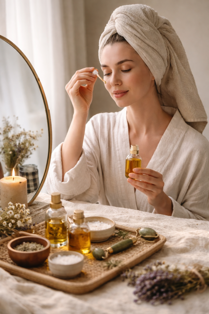 Person using a botanical facial oil as part of a calm modern skincare ritual.