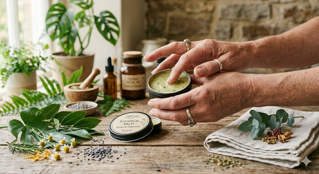 Botanical balm for dry skin shown with natural herbs and simple body care styling.