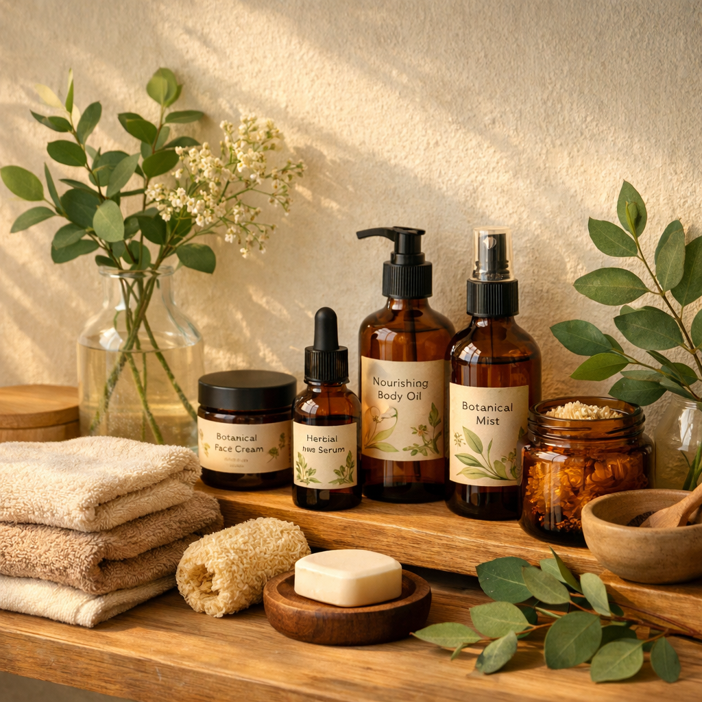 Modern botanical skincare routine inspired by ancient plant wisdom.