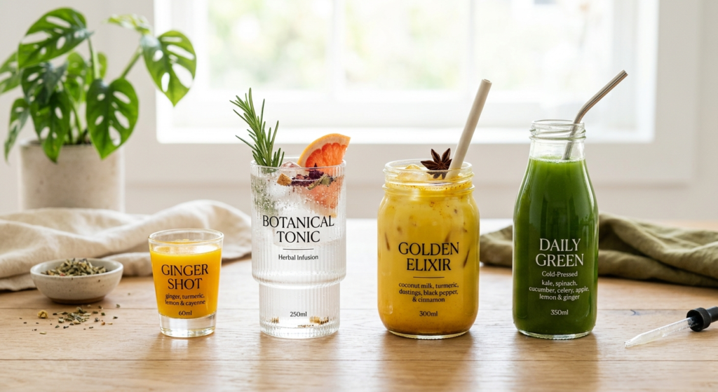 Wellness shot, tonic, elixir, and juice displayed side by side
