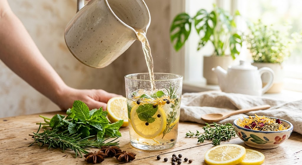 Herbal wellness tonic being poured into a glass with lemon and herbs