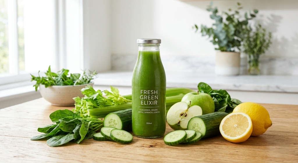 Fresh green juice with cucumber, celery, apple, and spinach