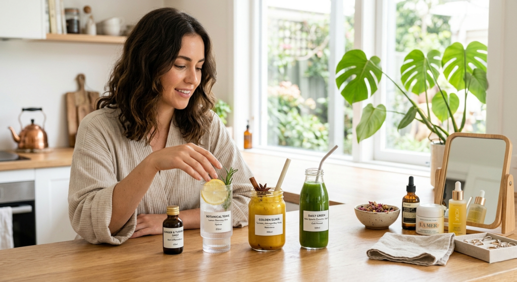 Person comparing wellness shot, tonic, elixir, and juice during a morning routine