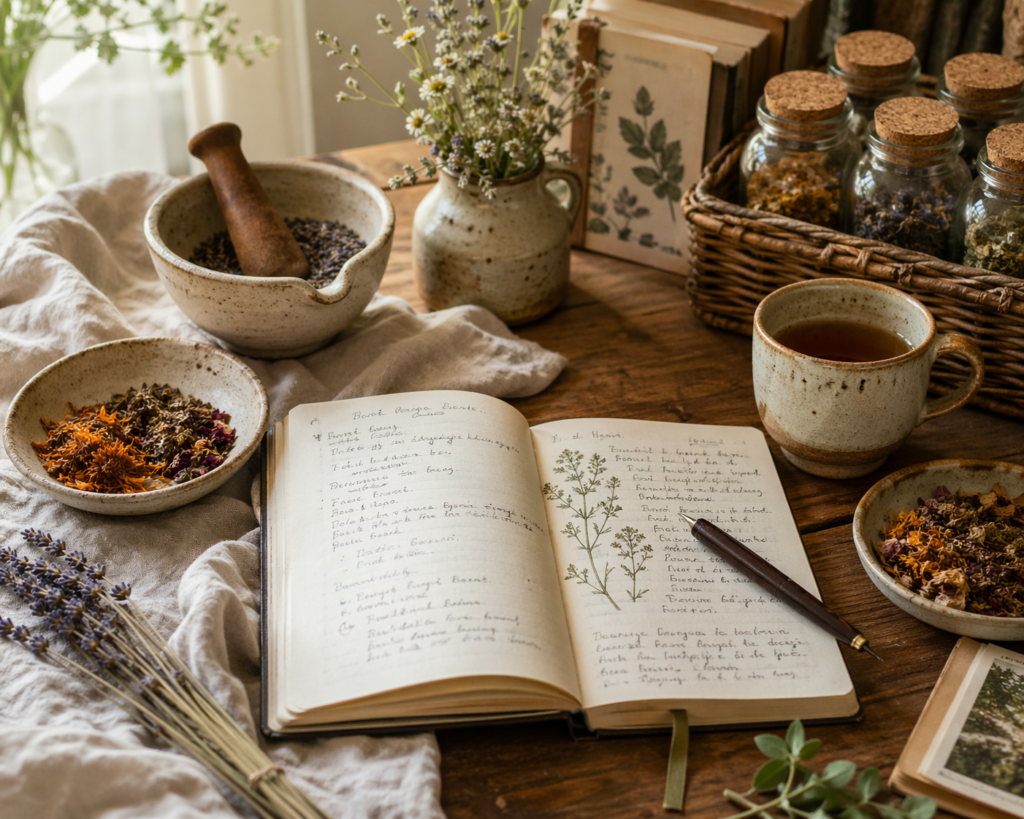 The Wisdom of the Old Ways: Healing Practices Worth Remembering Traditional healing tools with dried herbs and natural materials on a wooden table