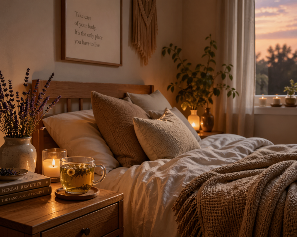 The Wisdom of the Old Ways: Healing Practices Worth Remembering Restful evening wellness setup with tea and soft bedding