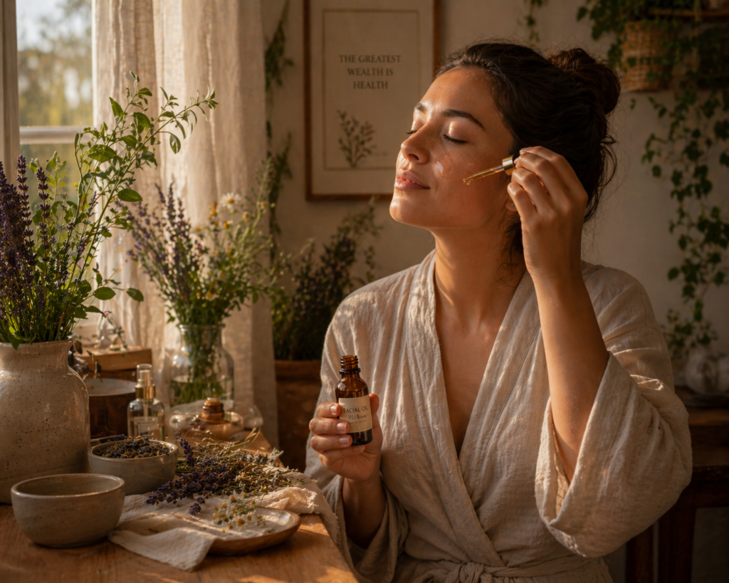 The Wisdom of the Old Ways: Healing Practices Worth Remembering Natural self-care ritual with facial oil, herbs, and soft window light