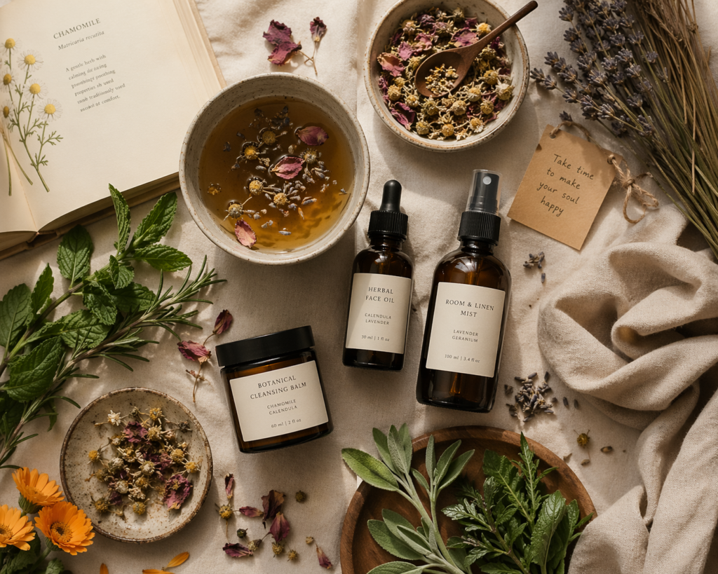 Flat lay of botanical wellness essentials with herbs, tea, and natural skincare items