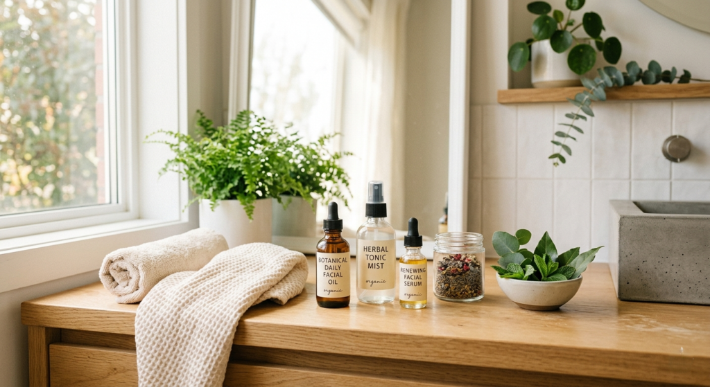 Botanical wellness products arranged on a clean bathroom counter with herbs and skincare bottles.