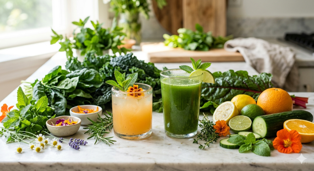 Botanical elixir and green juice displayed side by side with fresh herbs and leafy greens.