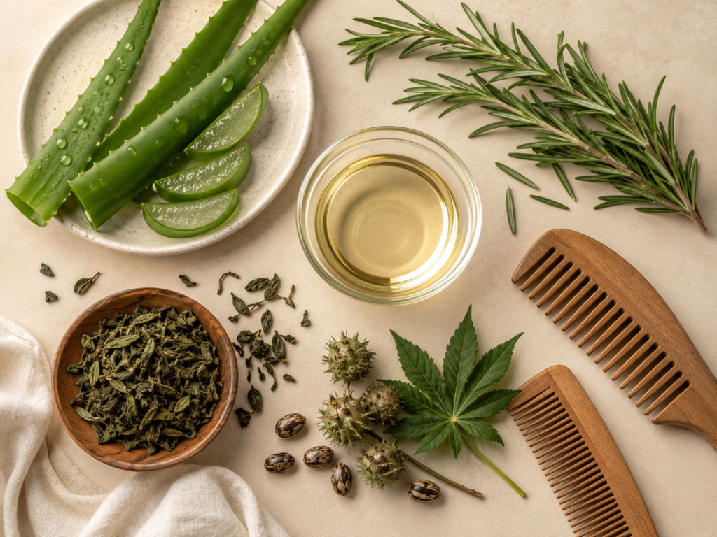 Botanical ingredients for hair growth and scalp health arranged with herbs, oils, and aloe vera.