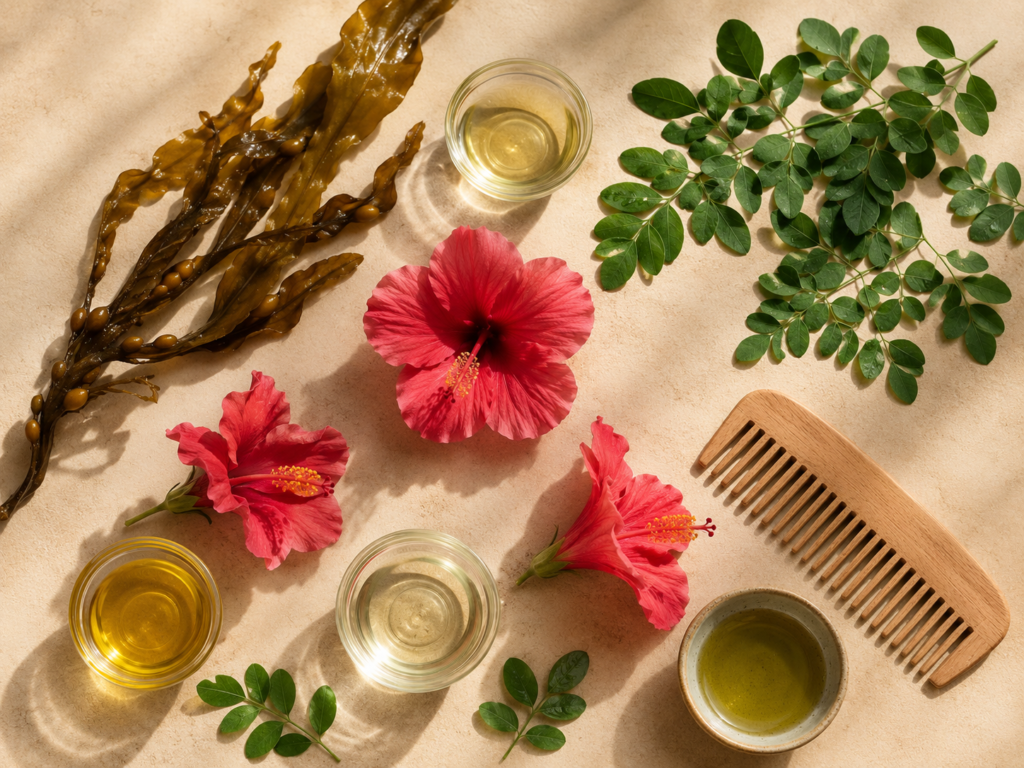 Kelp, moringa, and hibiscus botanicals arranged for a natural hair care routine.