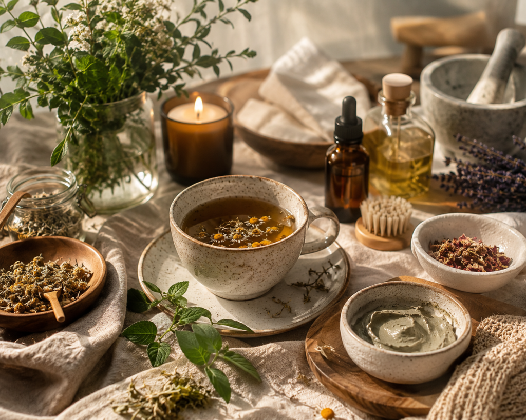 Botanical self-care ritual with herbal tea, flowers, greenery, and natural skincare for rest and renewal.