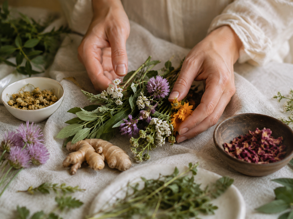 Hands holding herbs and roots for ancestral healing and natural wellness rituals.