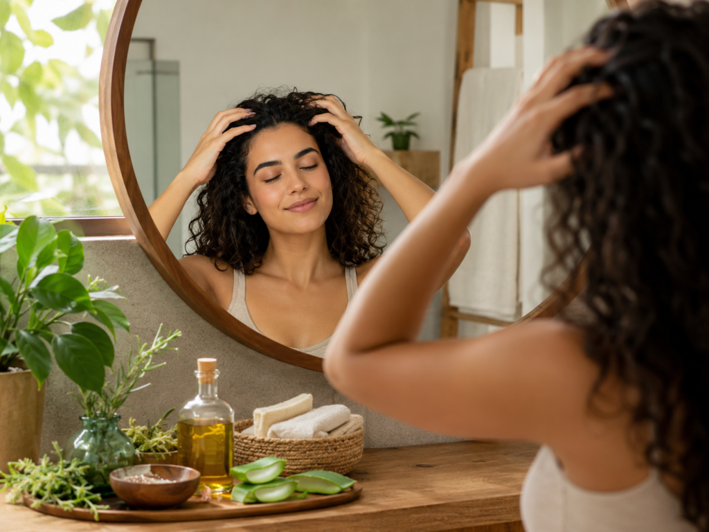 Person practicing natural scalp care with a gentle scalp massage for healthier hair.