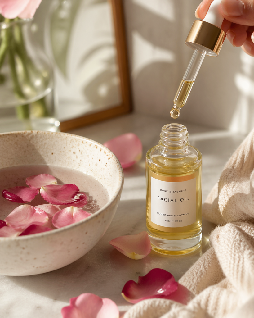 Botanical skincare ritual with facial oil, rose petals, and natural light