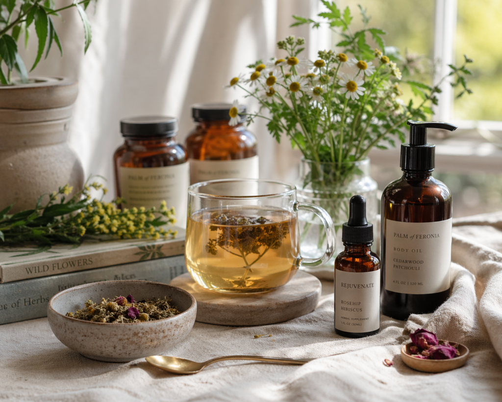 Morning botanical ritual with herbal tea, fresh herbs, and amber bottles on a sunlit table