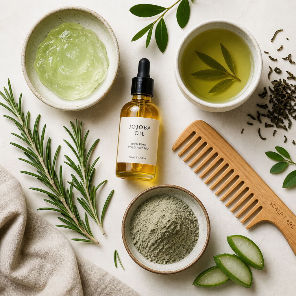 Botanical scalp care ingredients including aloe, rosemary, jojoba oil, green tea, and clay.