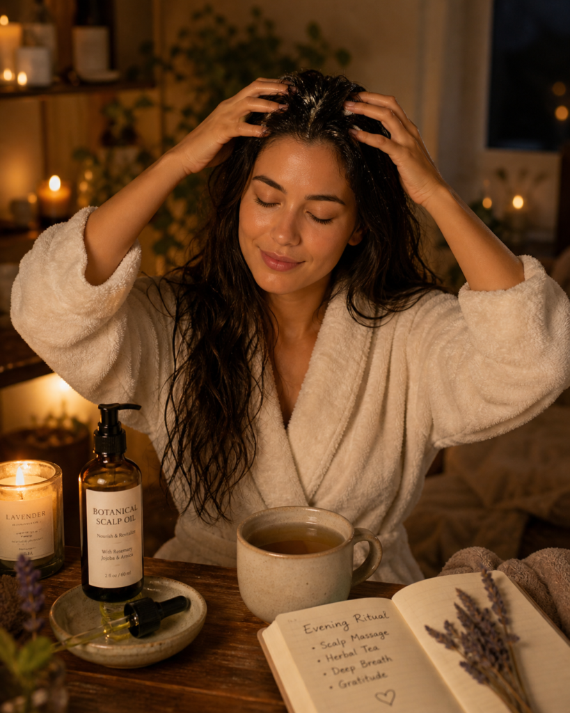 Evening botanical scalp care ritual with scalp oil, candlelight, and herbal tea.
