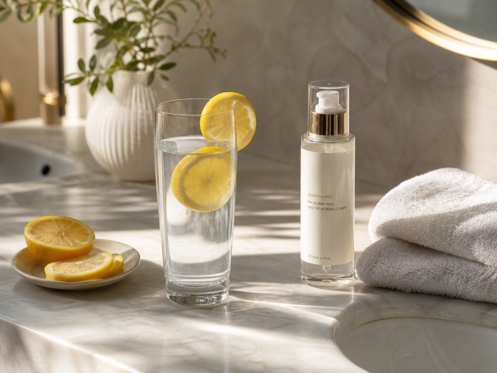 Glass of lemon water beside skincare products for morning hydration.
