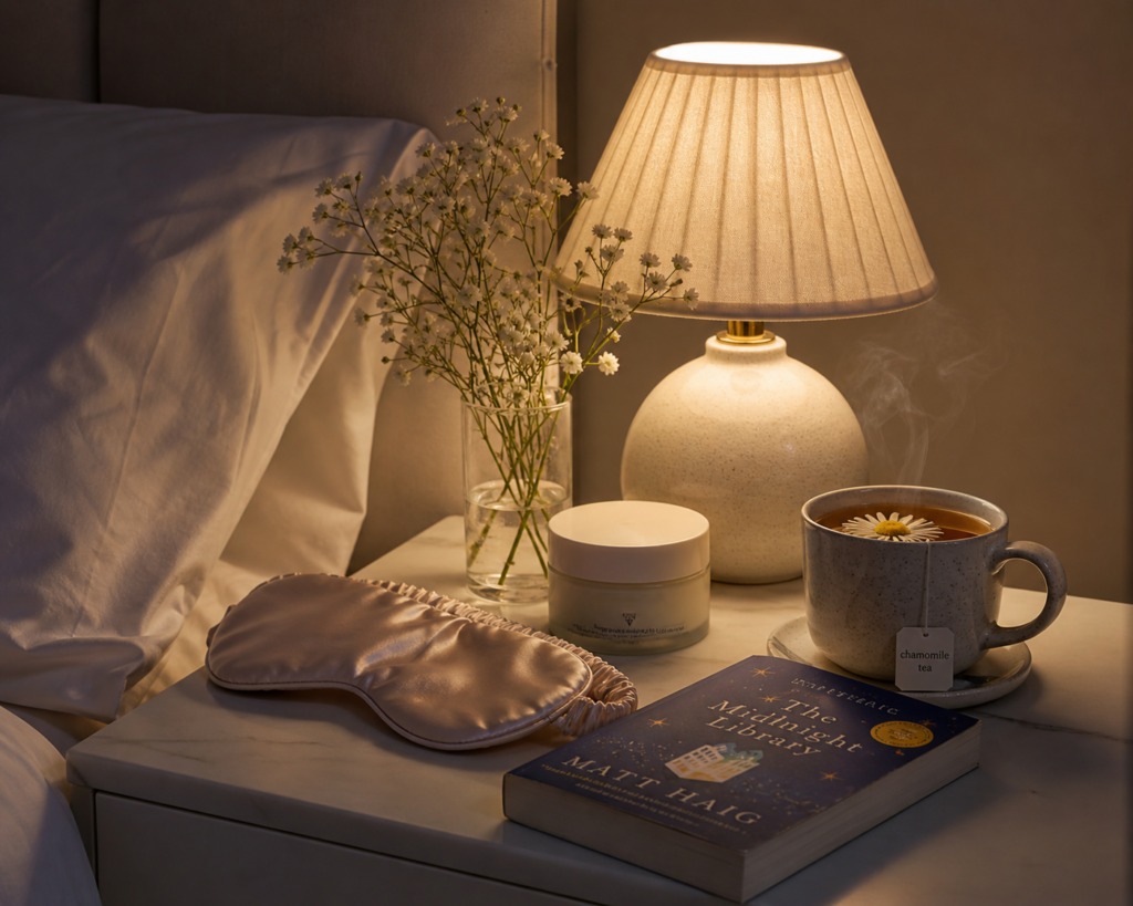 Relaxing bedtime routine with skincare, tea, and a sleep mask.