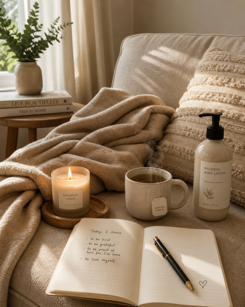 Cozy self-care corner with tea, candle, blanket, and body lotion.