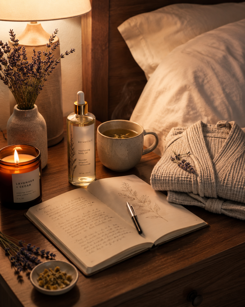 Botanical wellness products used in a relaxing evening self-care routine.