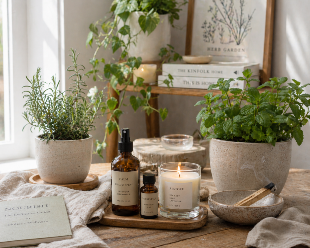Home wellness space with potted herbs, candles, and botanical accents